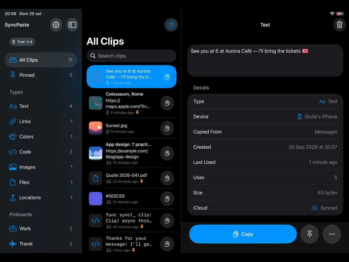 SyncPaste three-column library on iPad